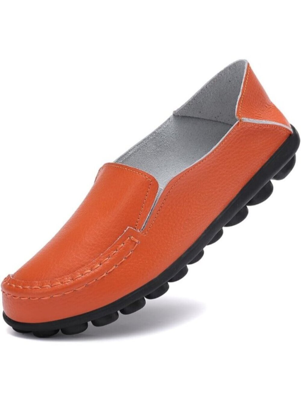 Women’s Orange Leather Slip On Loafers Comfortable Walking Flats Casual